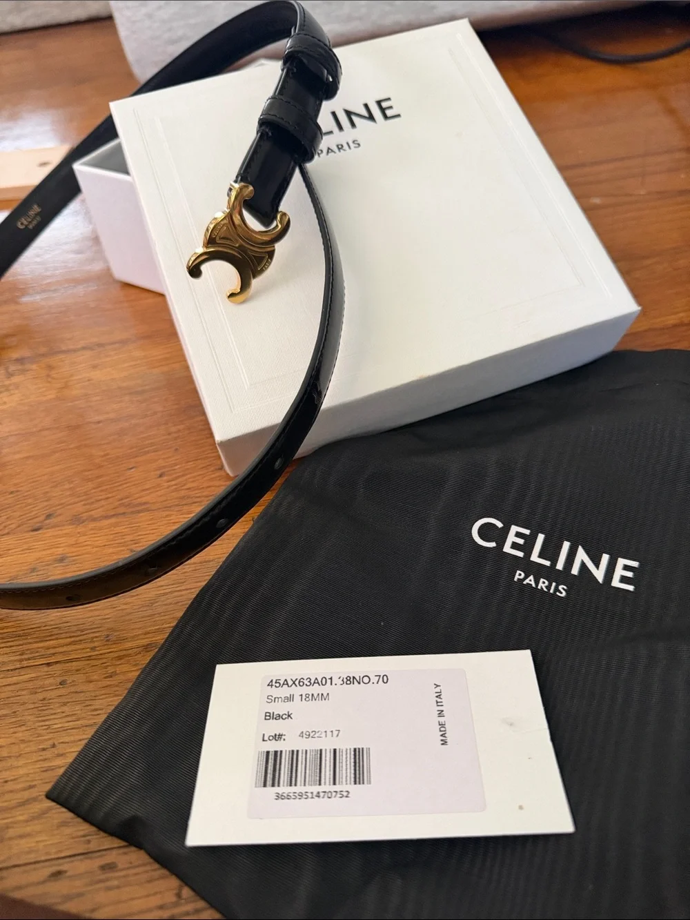 Authentic Celine Black Leather Belt with Gold Triomphe Buckle